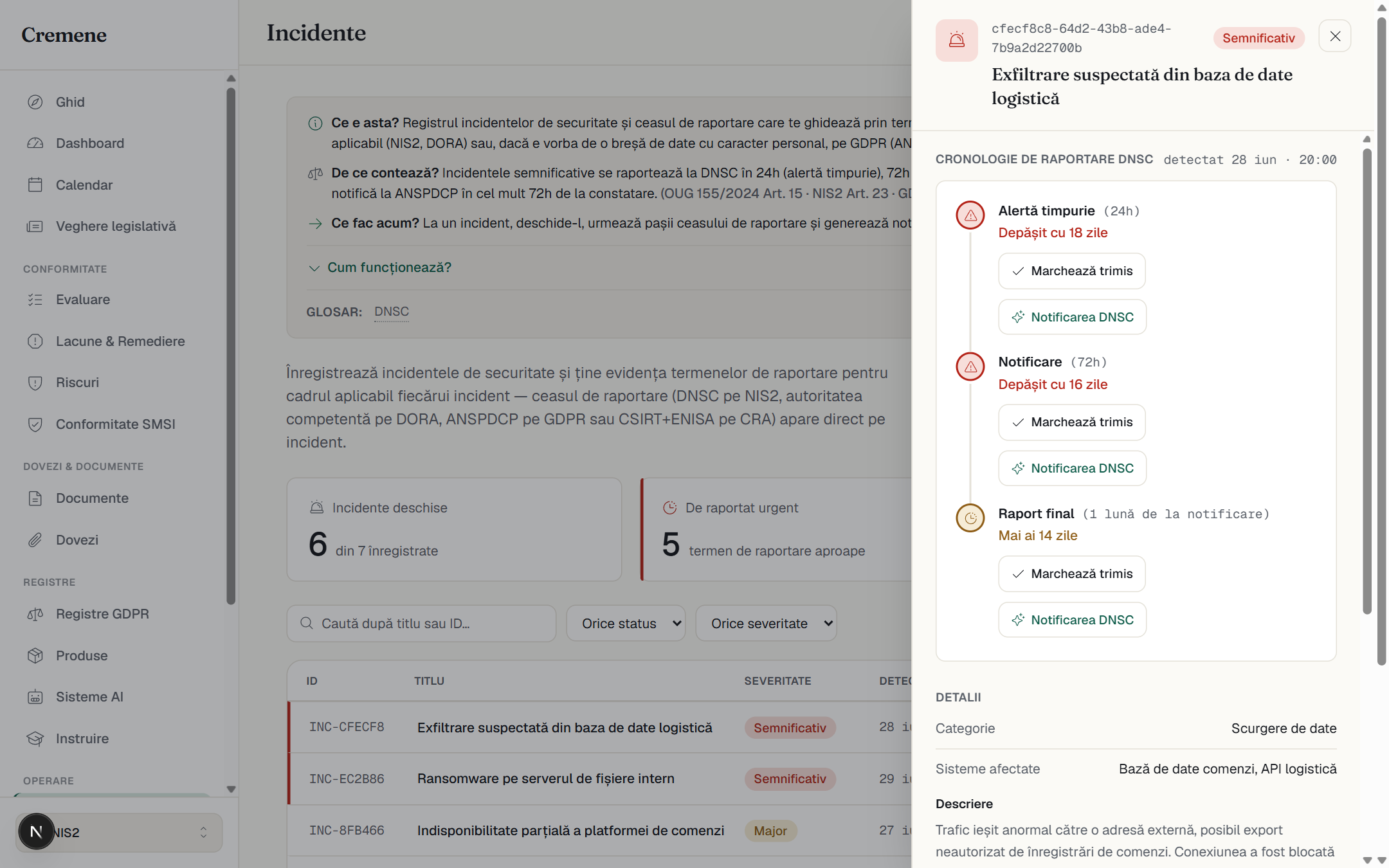 Modulul de incidente Cremene cu ceasul de raportare legal